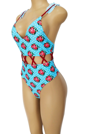 Sexy Shoulder Strap Printed Pleated Waist Hollow Ladies One-Piece Swimsuit