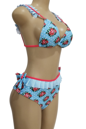 Sexy Pleated Bow High Waist Flower Printed Ladies Bikini Two-Piece Swimsuit