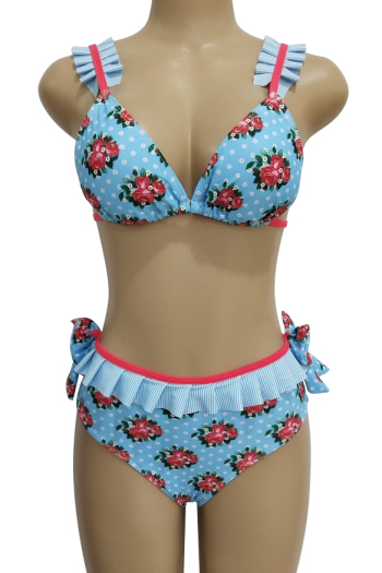 Sexy Pleated Bow High Waist Flower Printed Ladies Bikini Two-Piece Swimsuit