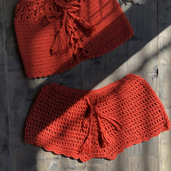 New stylish five colors strapless tassel hollow crochet beach two-piece set