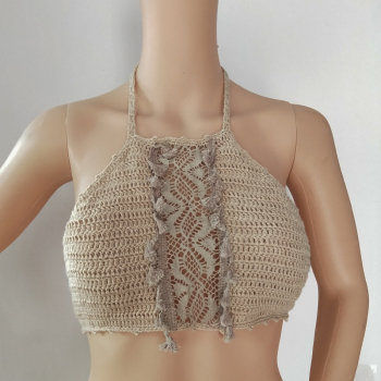 New stylish four colors halter removable pad hollow crochet knit bikini tops