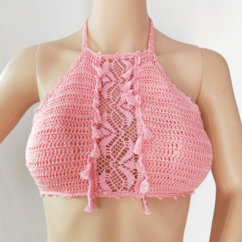 New stylish four colors halter removable pad hollow crochet knit bikini tops