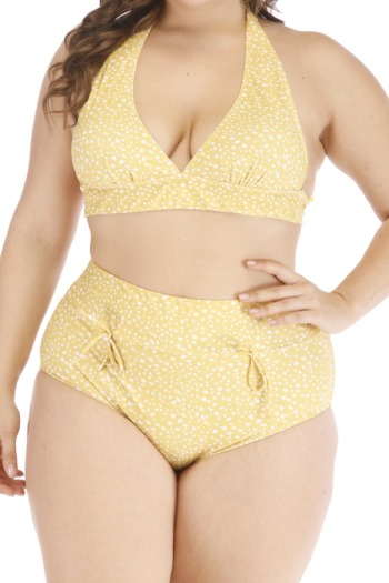 plus size summer sexy temperament yellow white point hanging neck high waist two-piece bikini