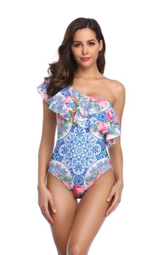 Sexy fresh style padded digital print one-shoulder ruffle one-piece bikini