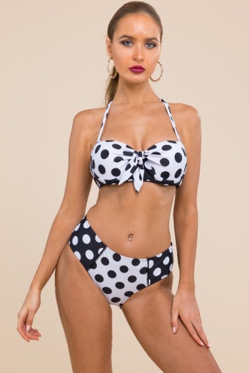 Sexy fresh style padded Polka dot printing high waist backless two-piece swimwear