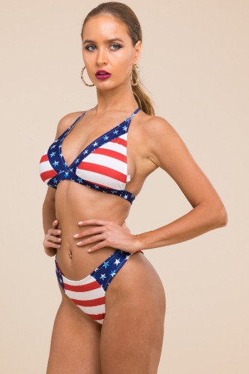 Unpadded sexy stylish stars and stripes printed two-piece bikini
