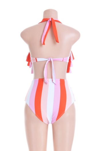 Sexy fresh padded streaks printed three-layer ruffles hanging neck high waist two-piece swimwear 