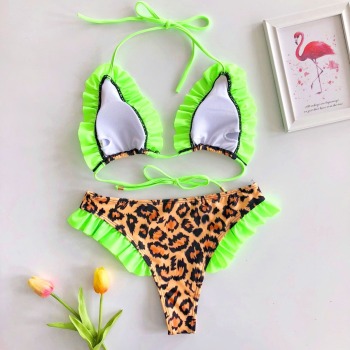 Sexy fresh padded leopard printed ruffle two-piece bikini