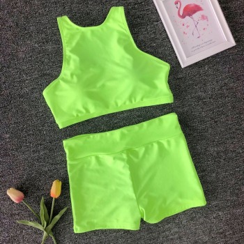 Stylish fresh padded light green Yoga pleated high waist two-piece swimwear