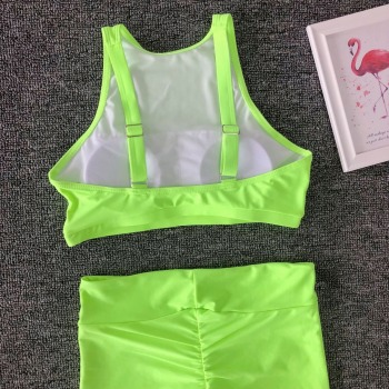 Stylish fresh padded light green Yoga pleated high waist two-piece swimwear