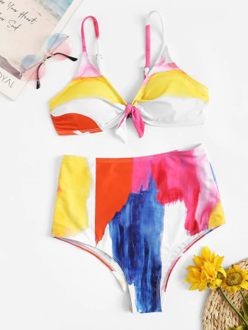 Sexy fresh padded digital printed chest bow high waist two-piece swimwear