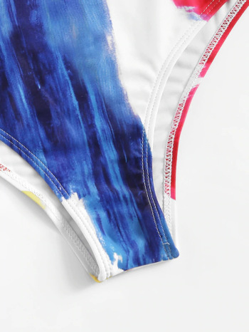 Sexy fresh padded digital printed chest bow high waist two-piece swimwear