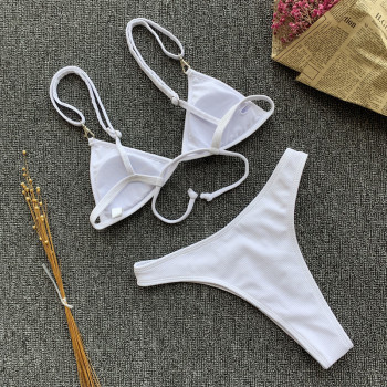 Sexy stylish padded solid color metal buckle connection two-piece bikini