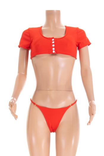 New sexy stylish padded solid color buttons connection short-sleeve two-piece swimwear