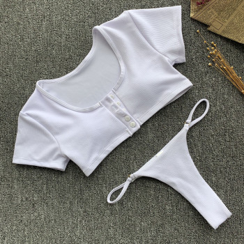 New sexy stylish padded solid color buttons connection short-sleeve two-piece swimwear