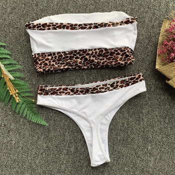 New sexy fresh padded leopard printed stitching tube top two-piece bikini
