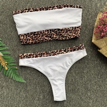 New sexy fresh padded leopard printed stitching tube top two-piece bikini