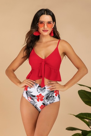 plus size sexy fresh padded digital print ruffle high waist two-piece bikini