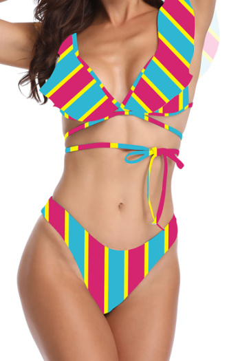 sexy fresh padded color stripe print v-neck ruffle bandage two-piece swimwear