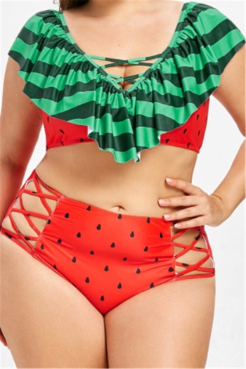l-3xl stylish cute padded watermelon print ruffle high waist two-piece swimwear
