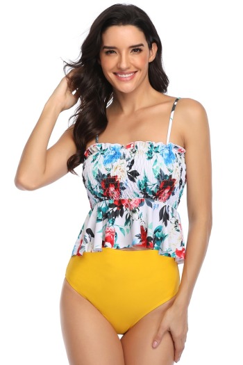 new floral & yellow print padded adjustable straps stylish two-piece parent-child swimwear-mom