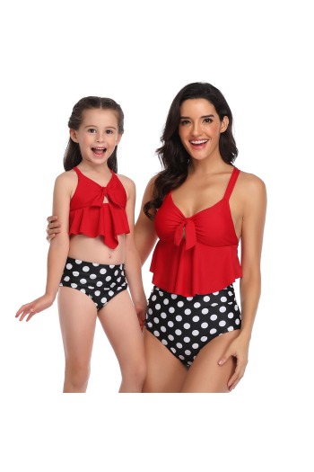 stylish dots print  ruffle chest knot two-piece family parent-child swimwear-kids s=2-3y,m=4-5y,l=5-6y,xl=6-8y