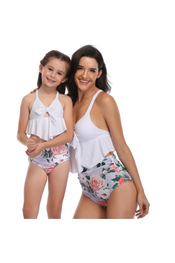 cute flowers print  ruffle chest knot two-piece family parent-child swimwear-kids s=2-3y,m=4-5y,l=5-6y,xl=6-8y