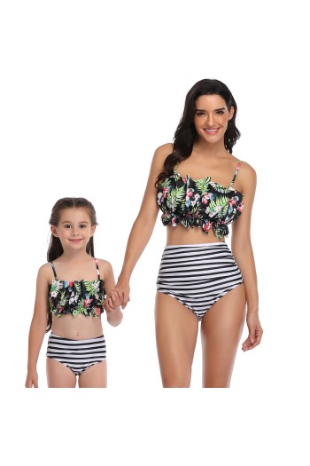 stylish stripe & digital print sling two-piece family parent-child swimwear-kids s=2-3y,m=4-5y,l=5-6y,xl=6-8y