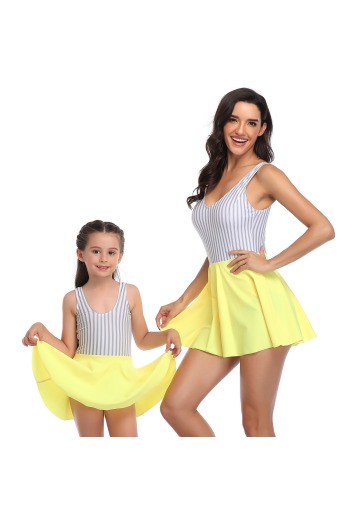 stylish yellow & stripe print sling one-piece family parent-child skirted swimwear-kids s=2-3y,m=4-5y,l=5-6y,xl=6-8y