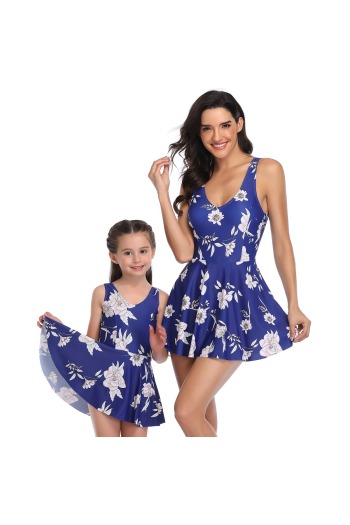 stylish blue & white flowers print one-piece family parent-child skirted swimwear-kids s=2-3y,m=4-5y,l=5-6y,xl=6-8y