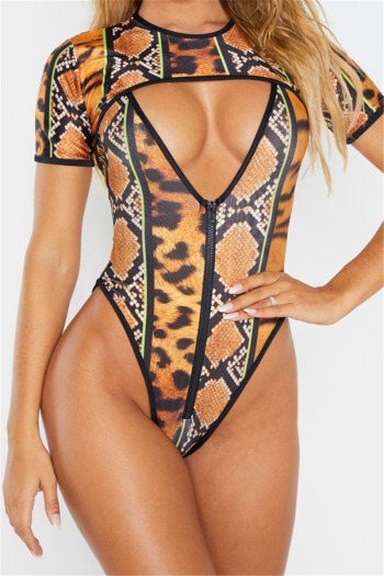 new plus size snake & leopard print padded zip-up sexy one-piece bikini with tippet