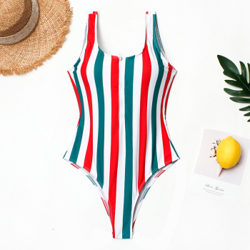 New stripe print padded low-cut zip-up sexy one-piece bikini