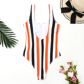 New stripe print padded low-cut zip-up sexy one-piece bikini