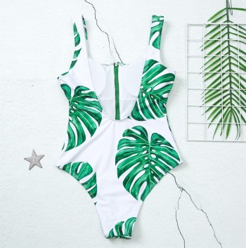 New green monsteras print padded low-cut zip-up sexy one-piece bikini