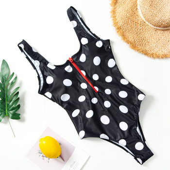 New black & white dots print padded low-cut zip-up sexy one-piece bikini