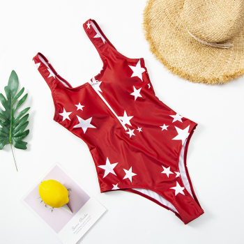 New pentagrams print padded low-cut zip-up sexy one-piece bikini