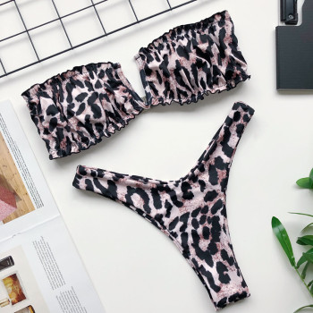 New leopard print padded tube top pleated V-bracket sexy two-piece bikini
