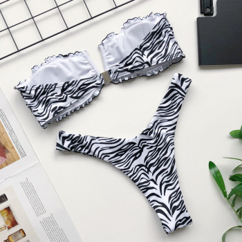 New zebra print padded tube top pleated V-bracket sexy two-piece bikini