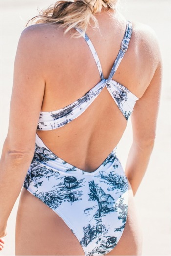 New sketch print padded deep V pleated backless sexy one-piece bikini