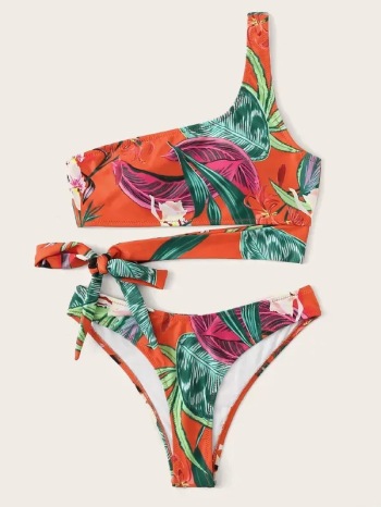 New colorful digital print padded one-shoulder knot sexy two-piece bikini