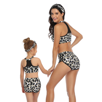 New Cute leopard & mesh spliced Family Swimwear-KIDS S=2-3Y,M=4-5Y,L=5-6Y,XL=6-8Y,XXL=8-12Y,3XL=12-14Y(without hair band) 