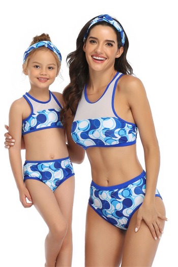 New Sexy Padded blue digital print mesh spliced two-piece Parent-child Swimwear-MOM (Without hair band)