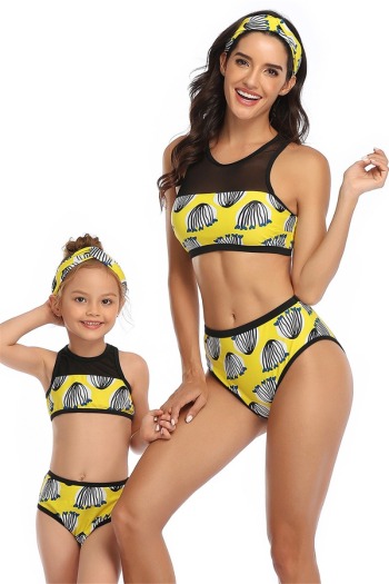 New sexy padded yellow digital print mesh spliced two-piece parent-child swimwear-MOM (Without hair band)