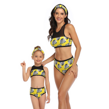 New sexy padded yellow digital print mesh spliced two-piece parent-child swimwear-MOM (Without hair band)