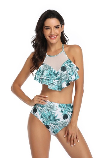New sexy padded leaves print & mesh spliced ruffle two-piece parent-child swimwear-MOM (Without hair band)