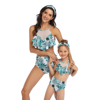 New sexy padded leaves print & mesh spliced ruffle two-piece parent-child swimwear-MOM (Without hair band)