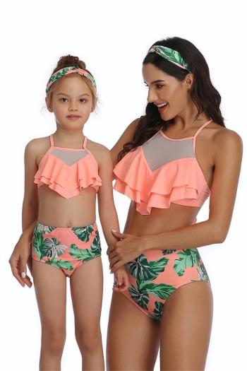 New sexy padded monstera print & mesh spliced ruffle two-piece parent-child swimwear-MOM (Without hair band)