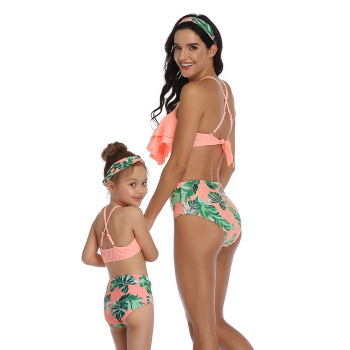 New sexy padded monstera print & mesh spliced ruffle two-piece parent-child swimwear-MOM (Without hair band)