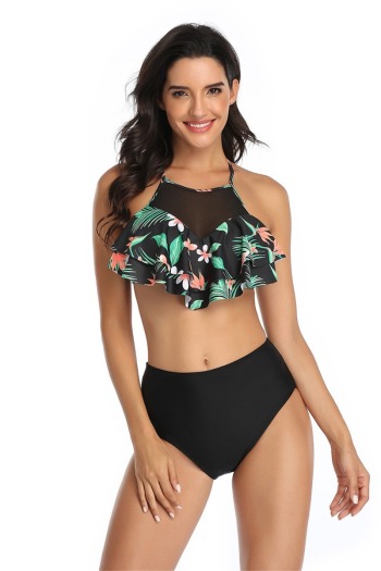 New sexy padded flowers print & mesh spliced ruffle two-piece parent-child swimwear-MOM (Without hair band)