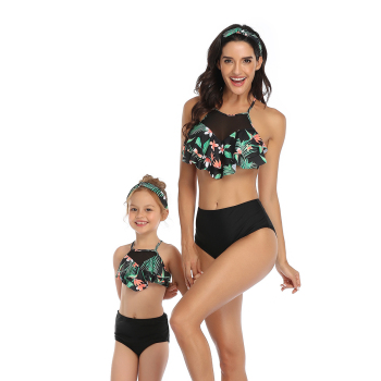 New sexy padded flowers print & mesh spliced ruffle two-piece parent-child swimwear-MOM (Without hair band)